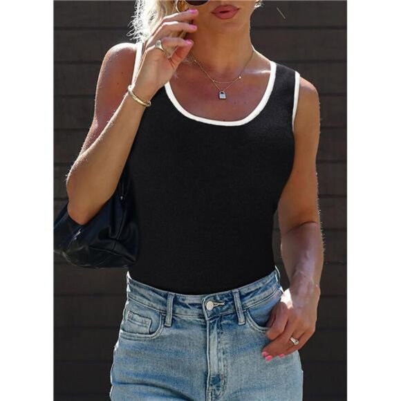 2 Pack Tank Top Scoop Neck Ribbed Knit Color Block Slim Fitted Cami Tops Shirts - Picture 3 of 7